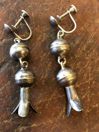 Vintage Navajo Sterling Silver Squash Blossom Earrings Old Screwbacks