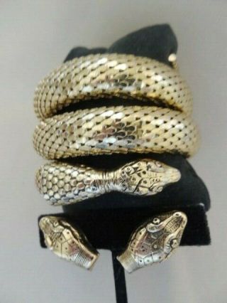 Rare Whiting & Davis 3 Coil Mesh Snake Bracelet & Matching Earrings