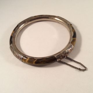 Vintage Sterling Silver & Tiger Eye Hinged Bangle Bracelet