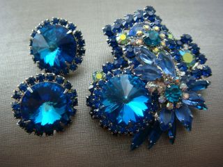 Captivating Juliana D&e Cobalt Blue Rivoli Ab Rhinestones Pin Brooch Earring Set