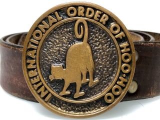 Vintage 1977 International Order Of Hoo Hoo Belt Buckle Red Brass Leather Pdx Or