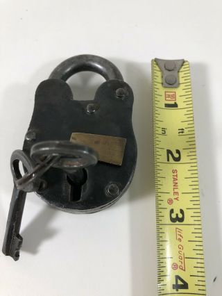 Old Vintage Pad Lock Heavy Metal With Key And Fine - Rare - 3” Noreserve