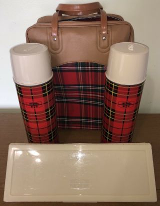 Vintage 1973 Thermos Picnic Set Red Plaid 2 Thermos Sandwich Holder & Bag 14 "
