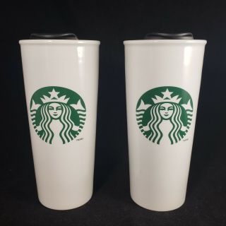 2 Starbucks 2014 Tall White Green Siren Logo Traveler Tumbler Travel Mugs 16 Oz