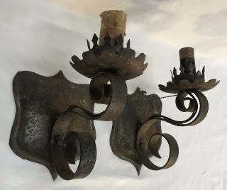 Pair Antique Arts & Crafts Spanish Revival Hammered Wrought Iron Wall Sconces