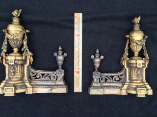 Antique Pair Ornate French Bronze Gilded Louie Xvi Style Fireplace Andirons.