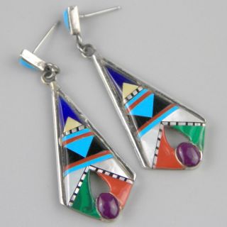 Vintage Micro Inlay Sterling Silver Earrings Native American Multi Stone Mosaic