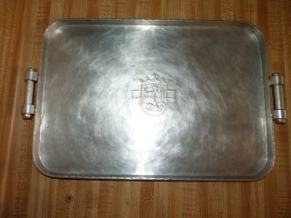 Vintage Hammered Rectangular Aluminum Tray Coat Of Arms Mark On Front 9 X 13 "