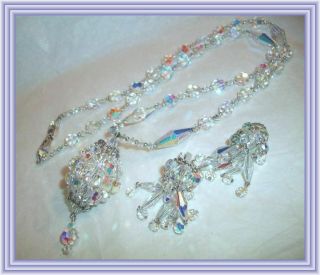 Sherman Clear Ab - 26 " Faceted Crystal Bead & Beaded Pendant Necklace Set Nr