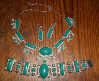 Vintage Mexico 925 Sterling Silver Green Onyx Necklace,  Bracelet,  Earrings Set