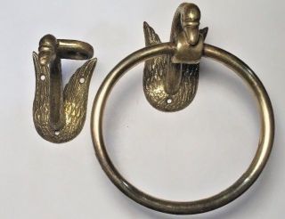 Antique Solid Brass Swan Towel Ring And Tooth Brush Holder Set