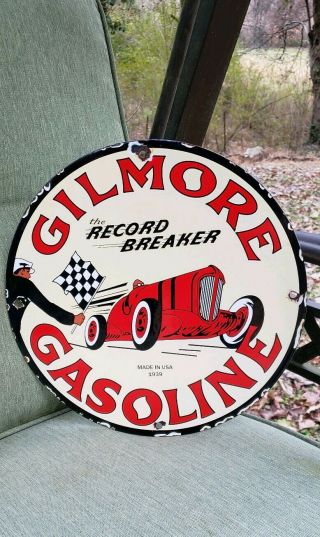 Gilmore Gasoline Porcelain Sign Vintage Brand Fuel High Octane Race Gas Pump