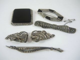 6 Art Deco Vintage Sterling Silver & Marcasite Brooches And Clips