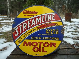 Old 1949 Streamline Motor Oil Porcelain Enamel Gas Pump Sign Hi - Speed