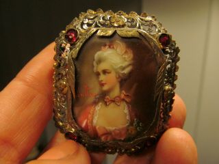 Antique Victorian 800 Silver Hand Painted Renaissance Lady Pin Brooch Wolter