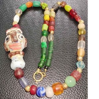 Antique Lovely Mixed Glass Rare Beads & Face Pendant Necklace 28