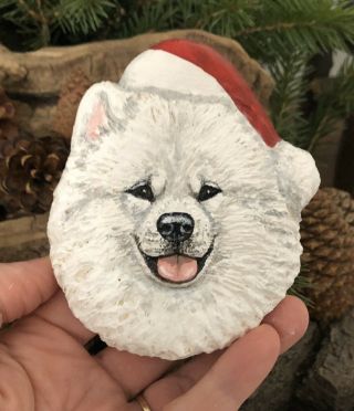Wood Carved Samoyed Dog In A Christmas Stocking Hat Ornament Ooak Lisa Rogers