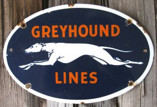 Greyhound Lines Porcelain Enamel Gas Oil Bus Depot Transportation Metal Sign