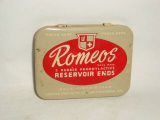 Old Tin Litho Romeo Brand Advertising Prophylactic Condom Tin Can