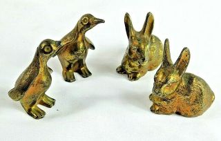Vintage Set Of 2 Small Bunny Rabbits & Penguins Brass Figurines