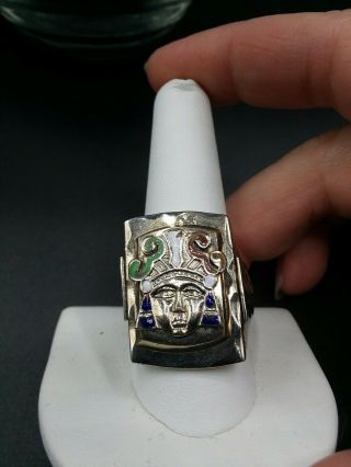 Vintage Aztec Incan Mexico Mexican Multi Color Enamel Shield Silver Biker Ring