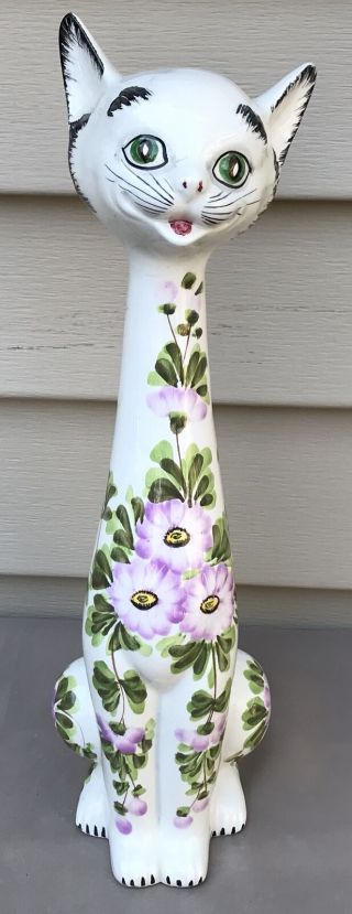 Vintage Hollow Hand - Painted Flowered Porcelain Cat Figurine Made In Italy