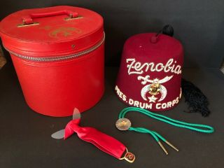 Masonic Shriners Zenobia Drum Corps Fez W/jeweled Crest Pins & Hat Box