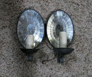 Antique Colonial Tin Mirrored Back Oval Wall Sconces - Pair 2