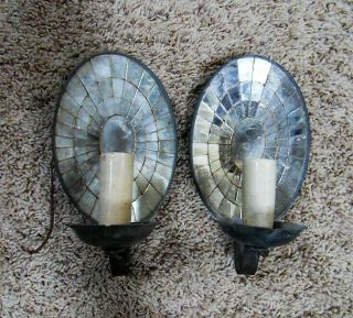 Antique Colonial Tin Mirrored Back Oval Wall Sconces - Pair 1