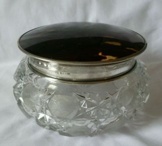 A George V Cut Glass Sterling Silver Tortoishell Jar,  Birmingham,  1928 Adie Bros