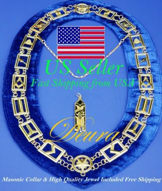 Masonic Collar Gold Link Blue Backing Master Mason Chain,  Junior Warden Jewel
