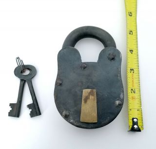 Vintage Antique Large Iron Padlock & Ooriginal Keys 5 " Inches Tall