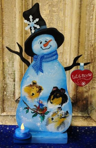 Collie Snowman Cutout Hand Painted Wood Snow Fairy Candle Snowflake Ooak