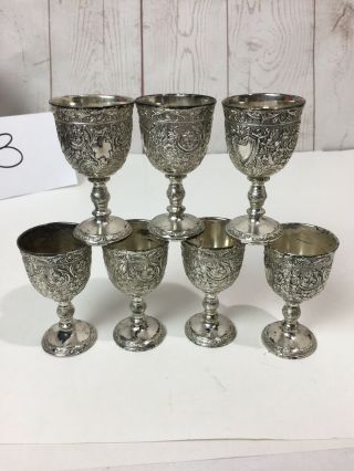 Set Of 7 Vtg Raimond Silverplate Ornately Engraved Cocktail Shot Glasses Goblets