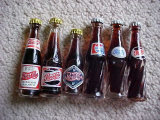 6 Pepsi Cola Novelty Glass Miniature Bottles