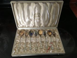 David Andersen Norway Sterling & Gold Vermeil Enameled Fork & Spoon Set Of Eight