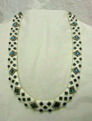 Vintage Trifari White Enamel Necklace Choker W/ Blue Stones Gold Tone 17 " Long
