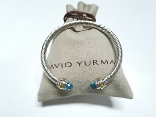 David Yurman Sterling Silver 14k Gold Blue Topaz Classic Cable Bracelet 5mm