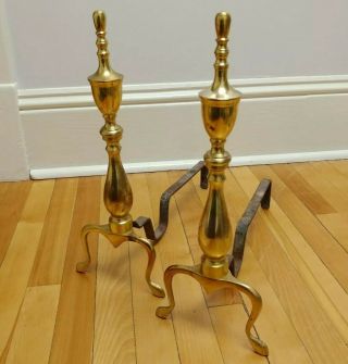 Vintage Brass And Cast Iron Fireplace Andirons Firewood Holders 17 " Tall
