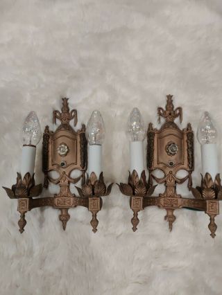 Set Of 2 Antique Vintage Gothic Art Deco Nouveau Cast Iron Wall Sconces
