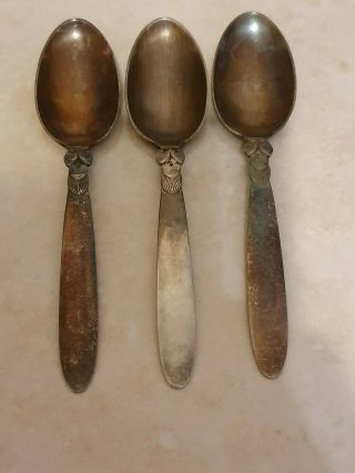 A Set Of 3 Georg Jensen 925s Sterling Silver Cactus Pattern Spoons