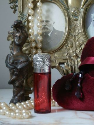 Antique Red Cranberry Glass Silver Topped Scent Bottle Hallmarked