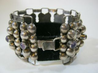 Early Vintage Mexican Silver & Amethyst Bracelet 1940 ' s Wide and Heavy 3