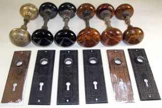 6 Antique Victorian Assorted Door Knobs & Back Plates Brass,  Rockingham,  Black