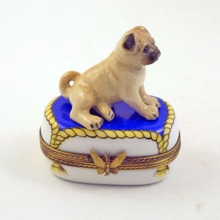 French Limoges Trinket Box Cute Pug Dog Puppy On Blue Rug With Tassels
