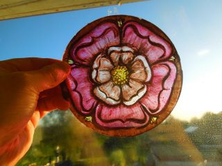 Victorian Stained Glass Fragment Of A Tudor Rose.
