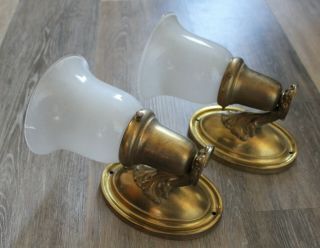 Antique Pair Brass Wall Sconces Frosted Glass Shades