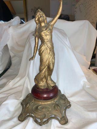Old Cast Aluminum Brass Look Elegant Woman Statue On Wood And Ornate Base