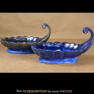 Vintage Pair Fulper Blue Glaze Pottery Chamberstick Candlesticks