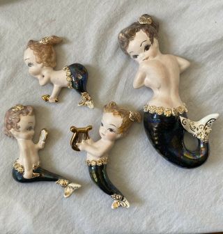 Vintage Mermaid Mom Babies Chalkware Ceramic Wall Plaques Black Iridescent Tails